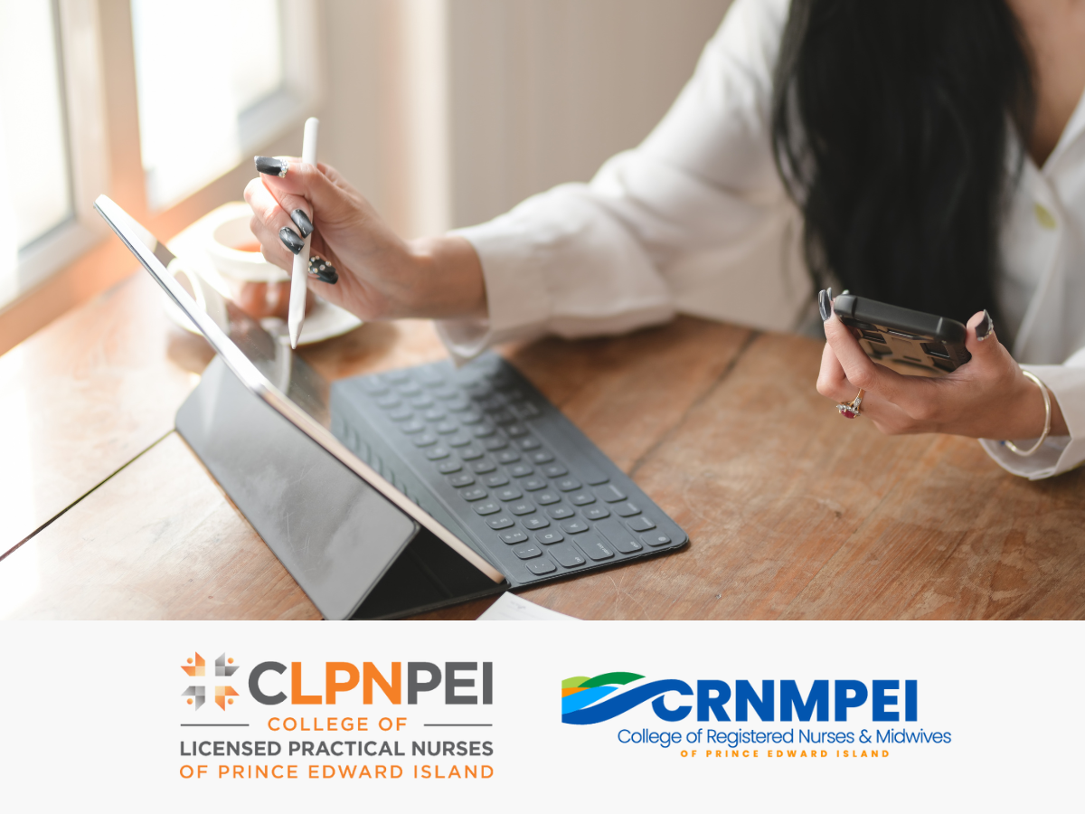 woman on iPad, CLPNPEI logo, CRNMPEI logo